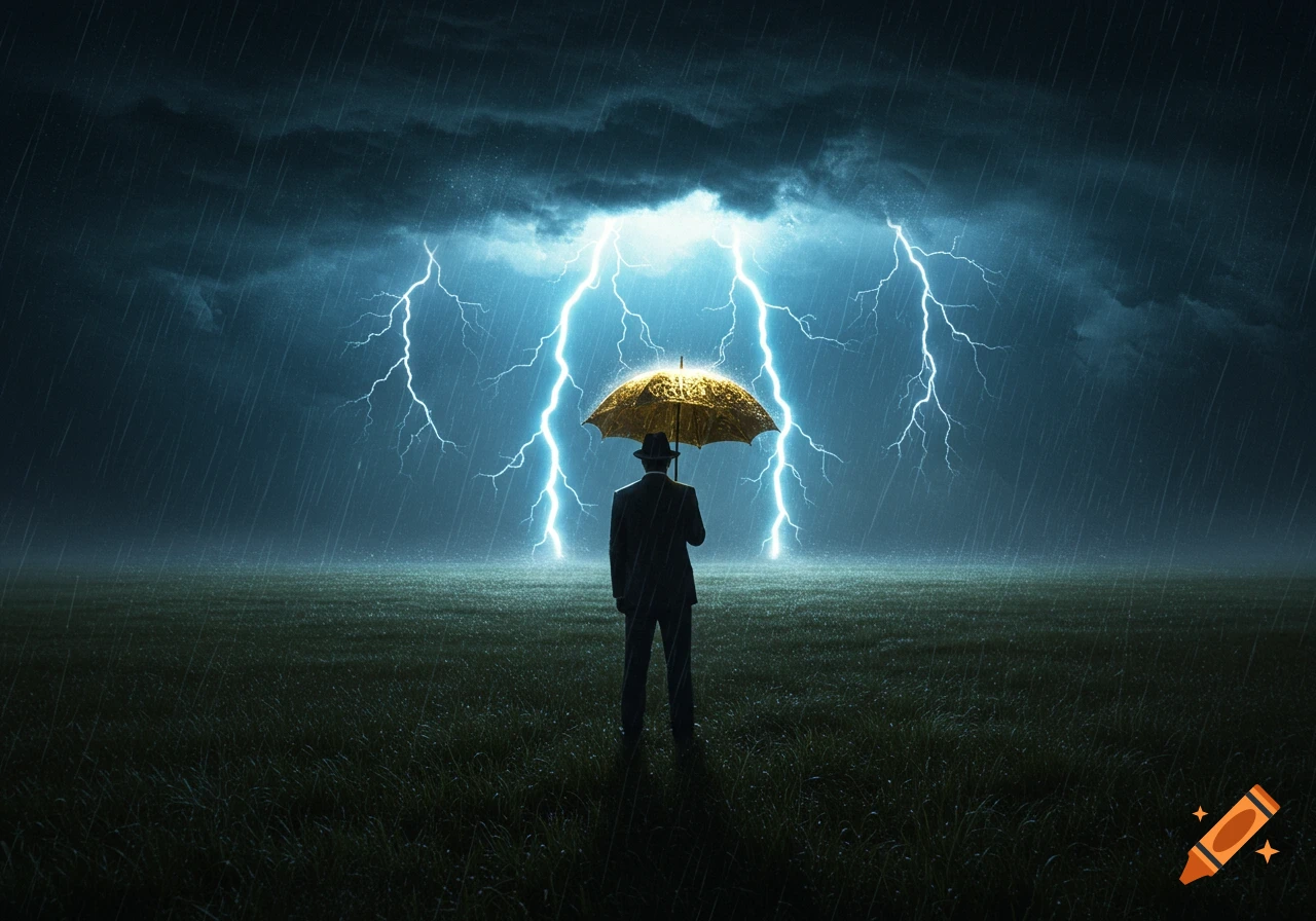 A man with a golden umbrella stands in a field during a thunderstorm with bright blue lightning.
