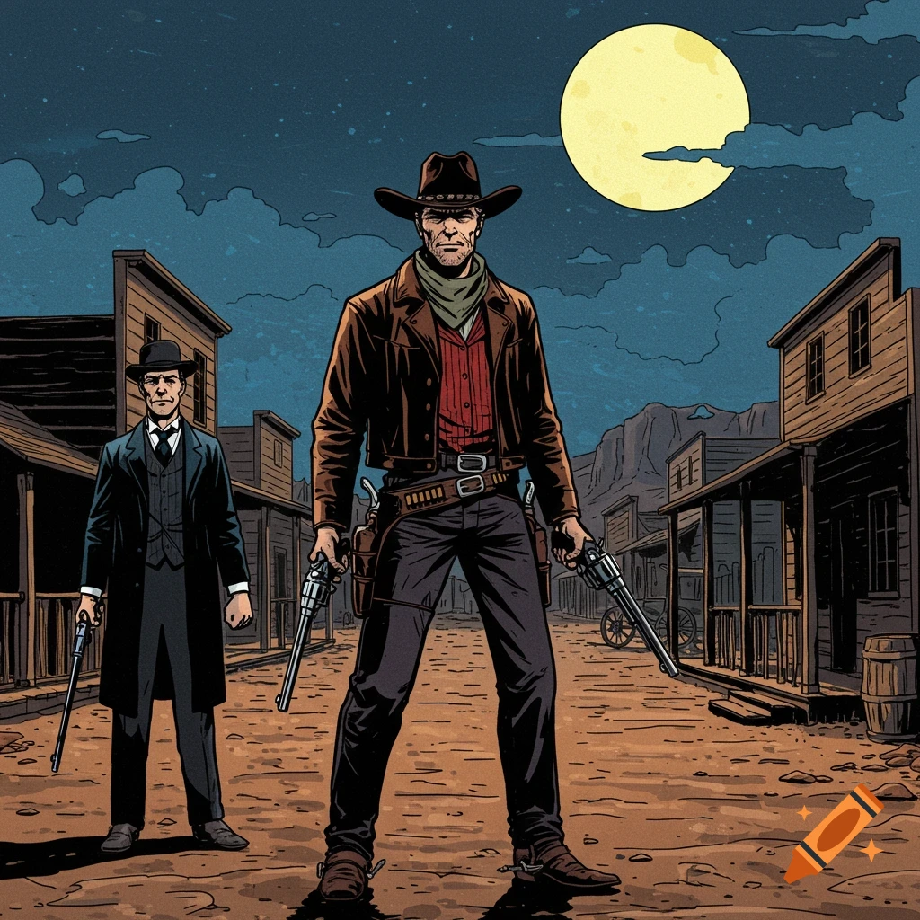 A cowboy and a man in a suit stand wary with guns in a moonlit Western town at night, in a comic book style.
