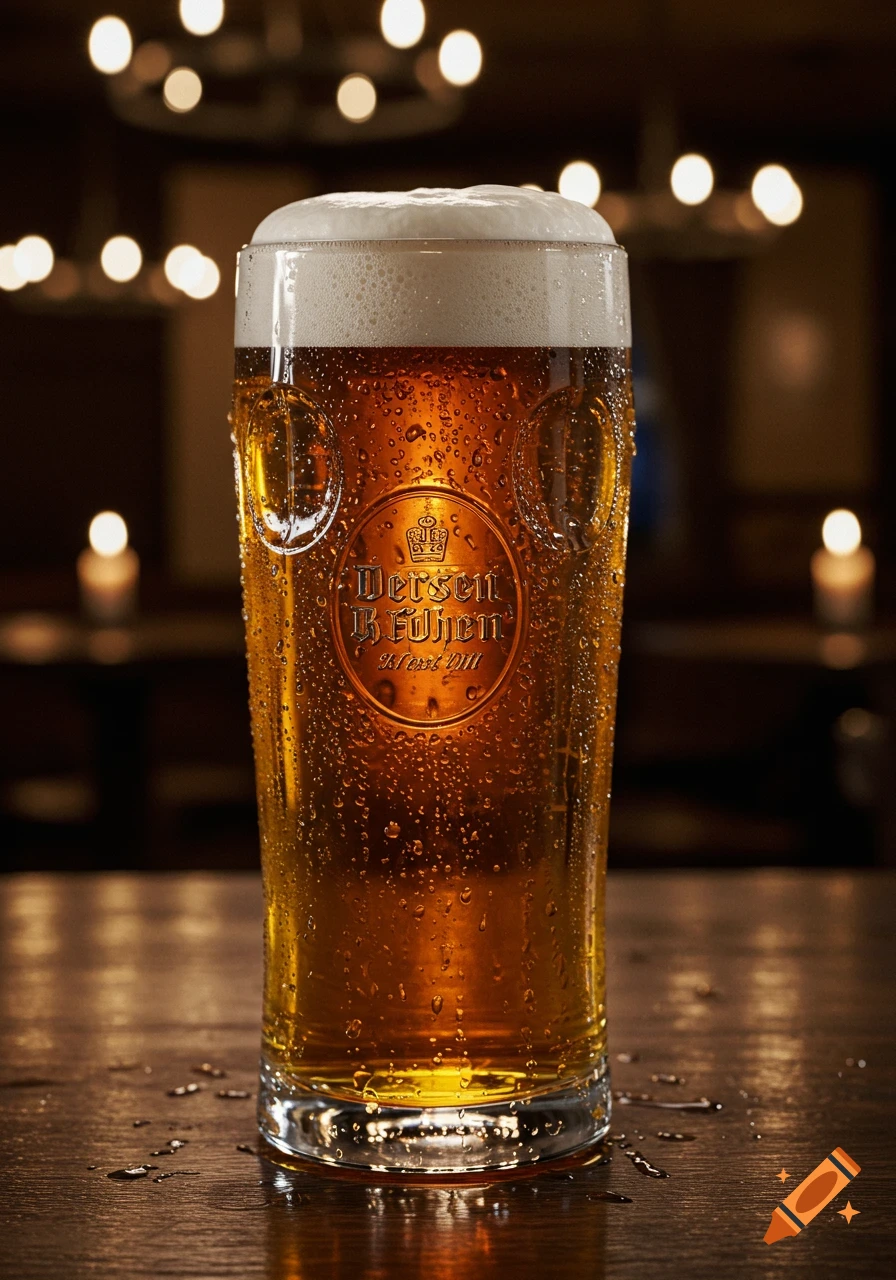 Photorealistic close-up of a frosty glass of amber beer with a frothy head on a wooden bar in a dimly lit pub.