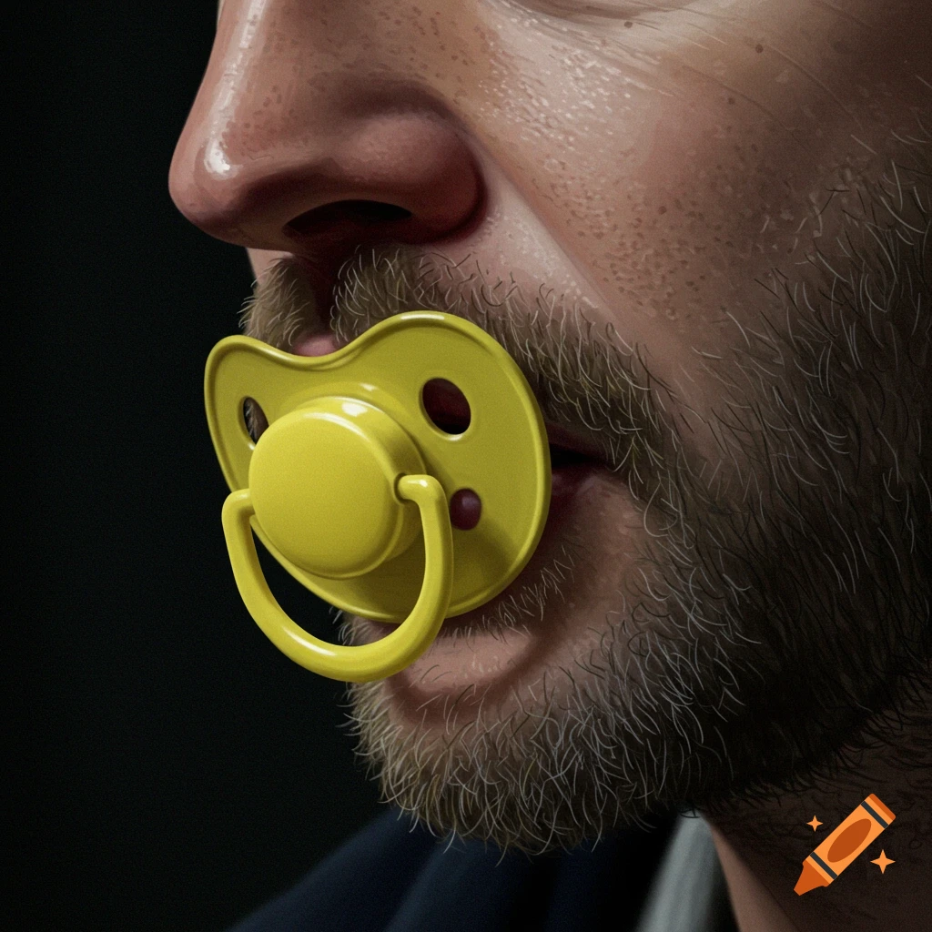 Close-up, photorealistic portrait of a bearded man sucking on a yellow pacifier against a dark background.