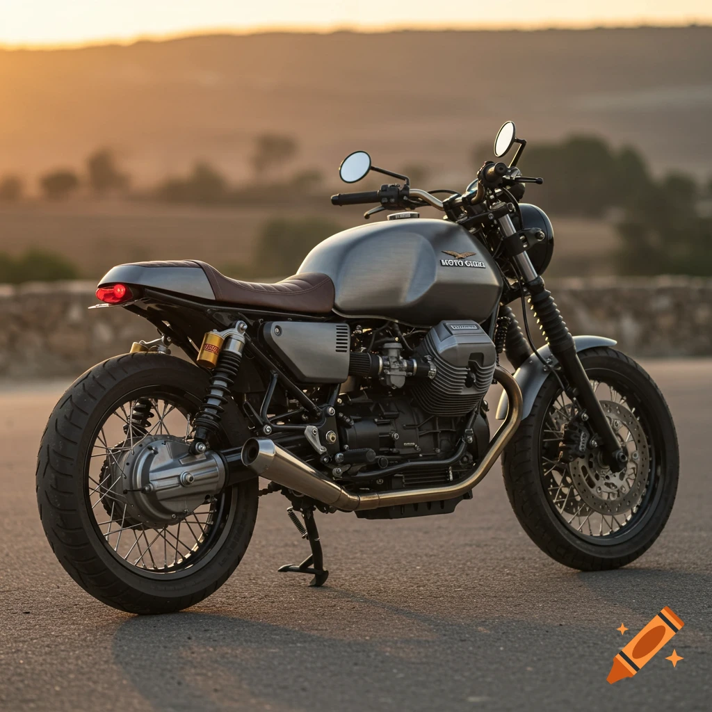Photorealistic image of a custom vintage-style Moto Guzzi motorcycle with a gray body, brown leather seat, and wire-spoke wheels, set against a sunset backdrop.