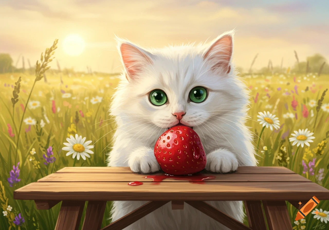 A fluffy white cat with large green eyes holds a red strawberry in its mouth, sitting at a wooden table in a sunny field of wildflowers.