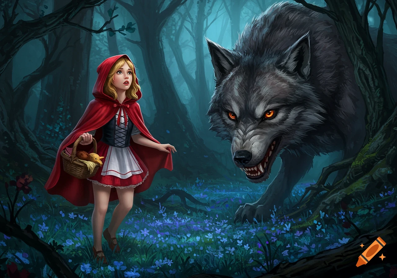Little Red Riding Hood looks startled at a menacing Big Bad Wolf in a dark, blue-flowered forest, digital art.