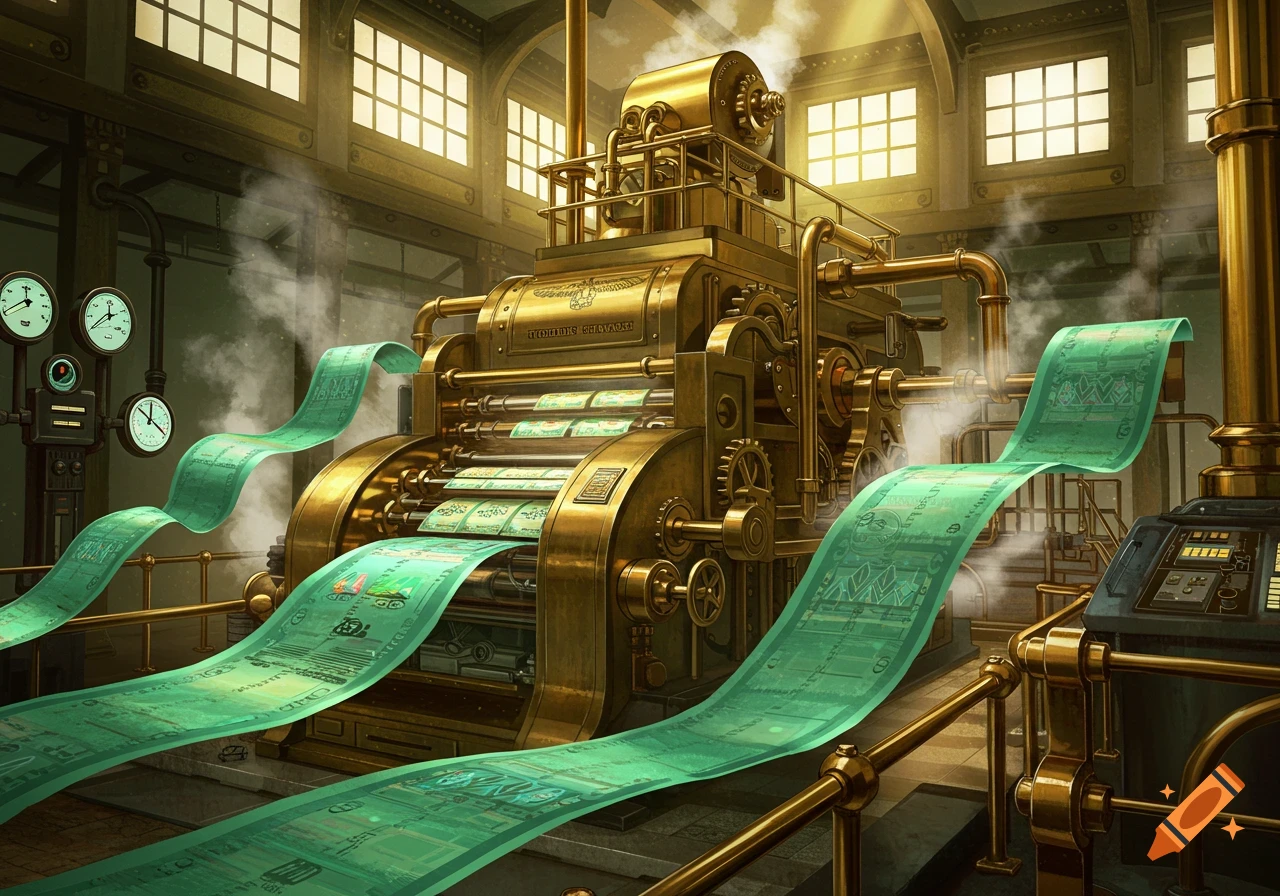 An elaborate gold steampunk machine prints long green strips of money in a factory with large windows.