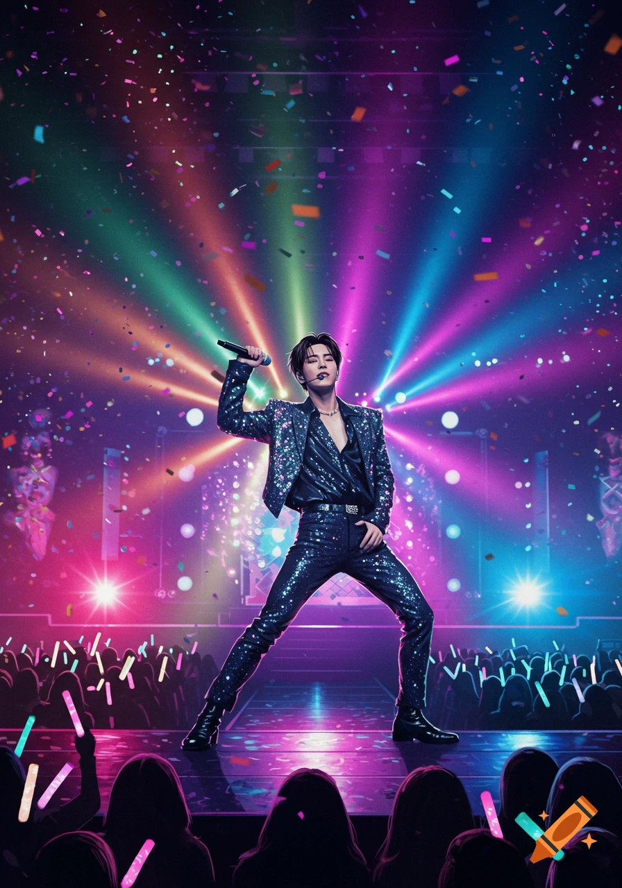 A male K-pop idol in a glittery outfit sings on stage, surrounded by colorful spotlights and falling confetti, with an audience holding light sticks.