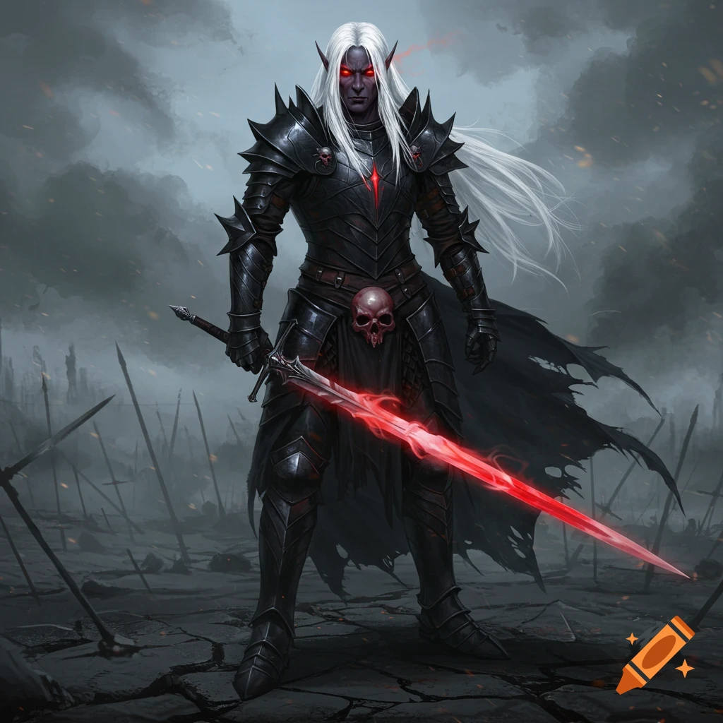 A dark fantasy drow warrior with white hair, red eyes, and black armor stands in a battlefield holding a glowing red sword.