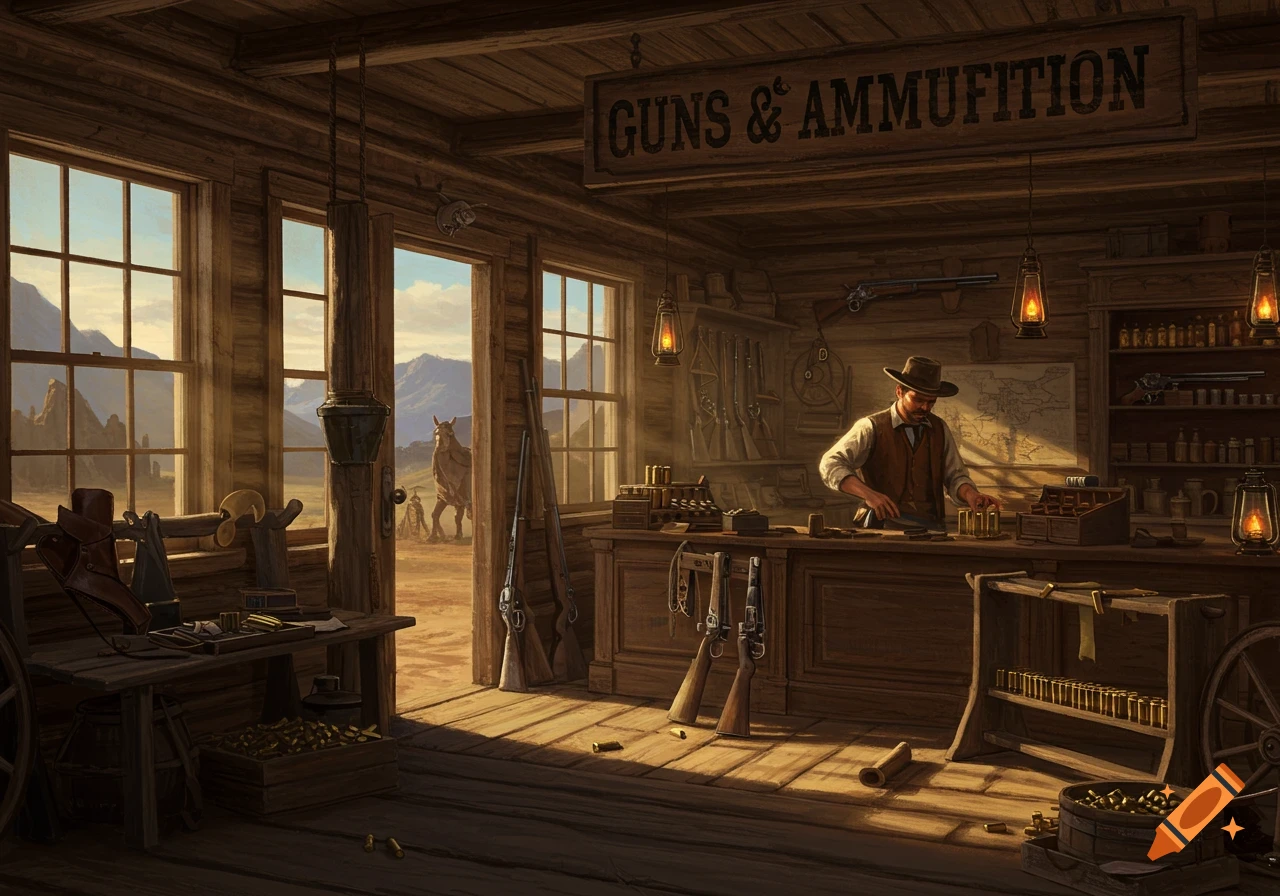 A man in a cowboy hat works in a rustic 1800s gun shop, filled with weapons, ammunition, and tools, with mountains outside.