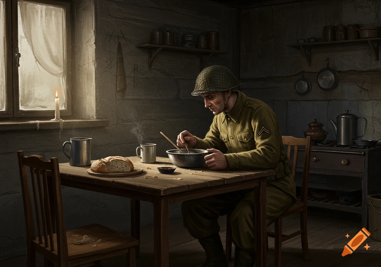 A World War II soldier eats a meal by candlelight at a wooden table in a rustic, dimly lit room, with bread on the table.