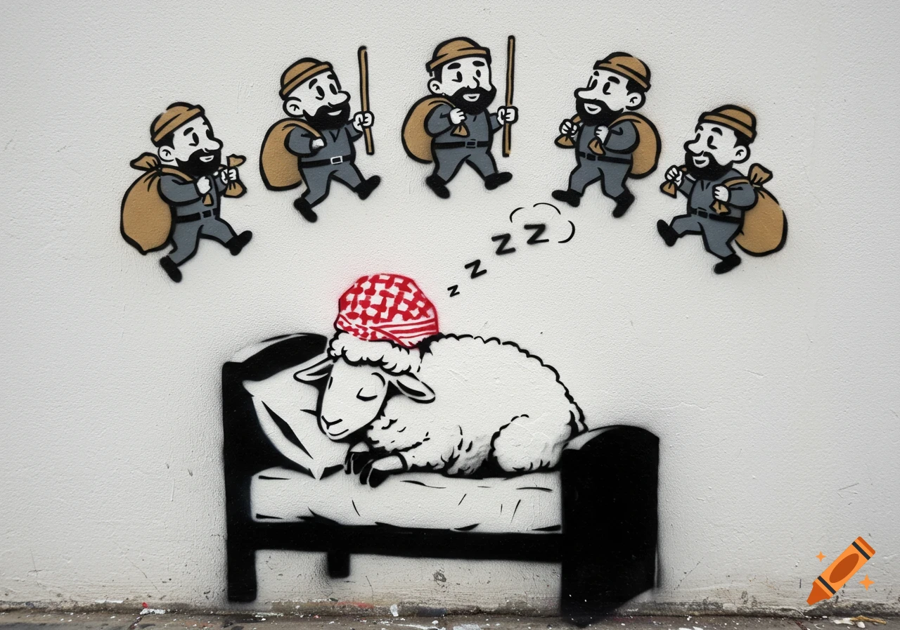 Graffiti stencil of a sheep in bed with a red keffiyeh, sleeping as five bearded men with bags walk above.