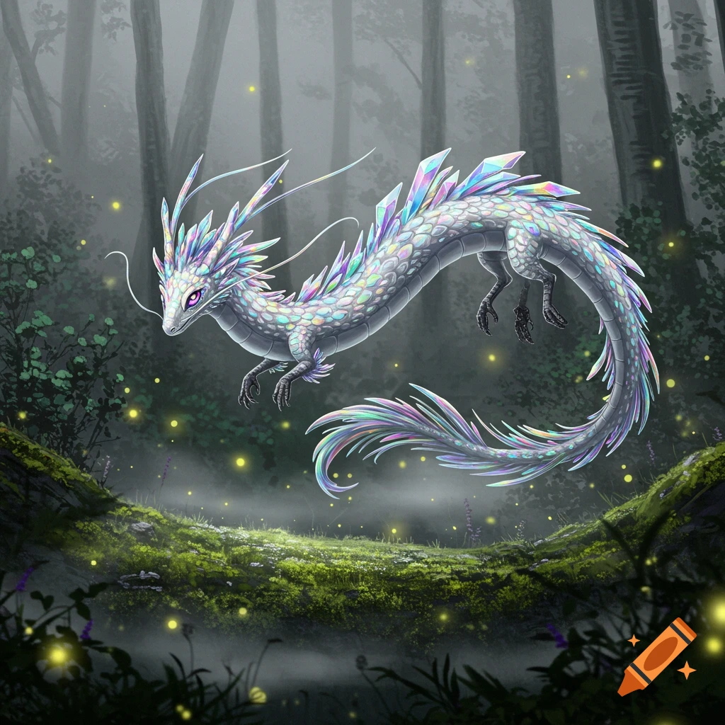 A majestic, iridescent crystal dragon with glowing purple eyes flies through a misty, dark forest with sparkling lights.
