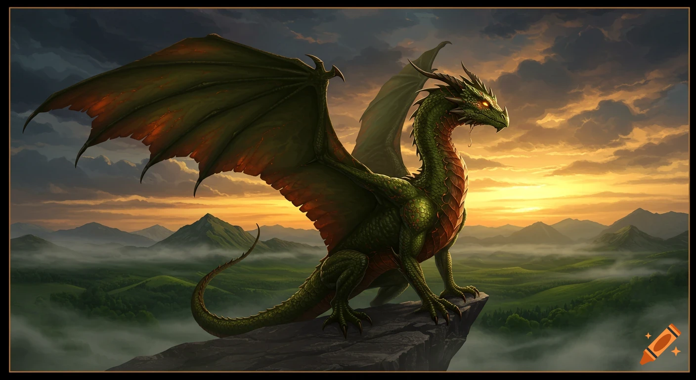 A majestic moss-green dragon with copper tones and golden eyes stands on a cliff overlooking a vast, misty landscape at sunset in fantasy illustration style.