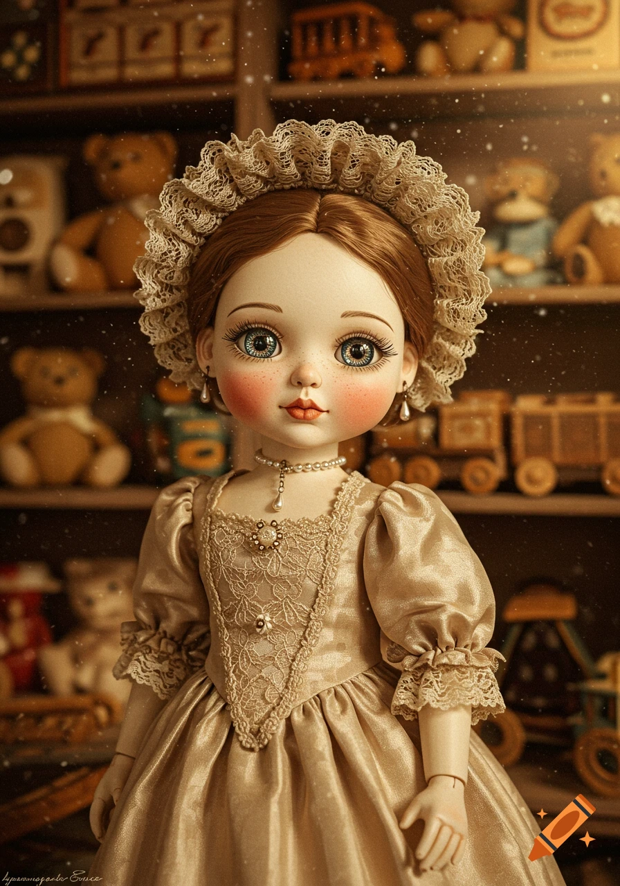 A beautiful antique-style doll with big blue eyes, wearing a gold dress and lace bonnet, standing in a toy store.