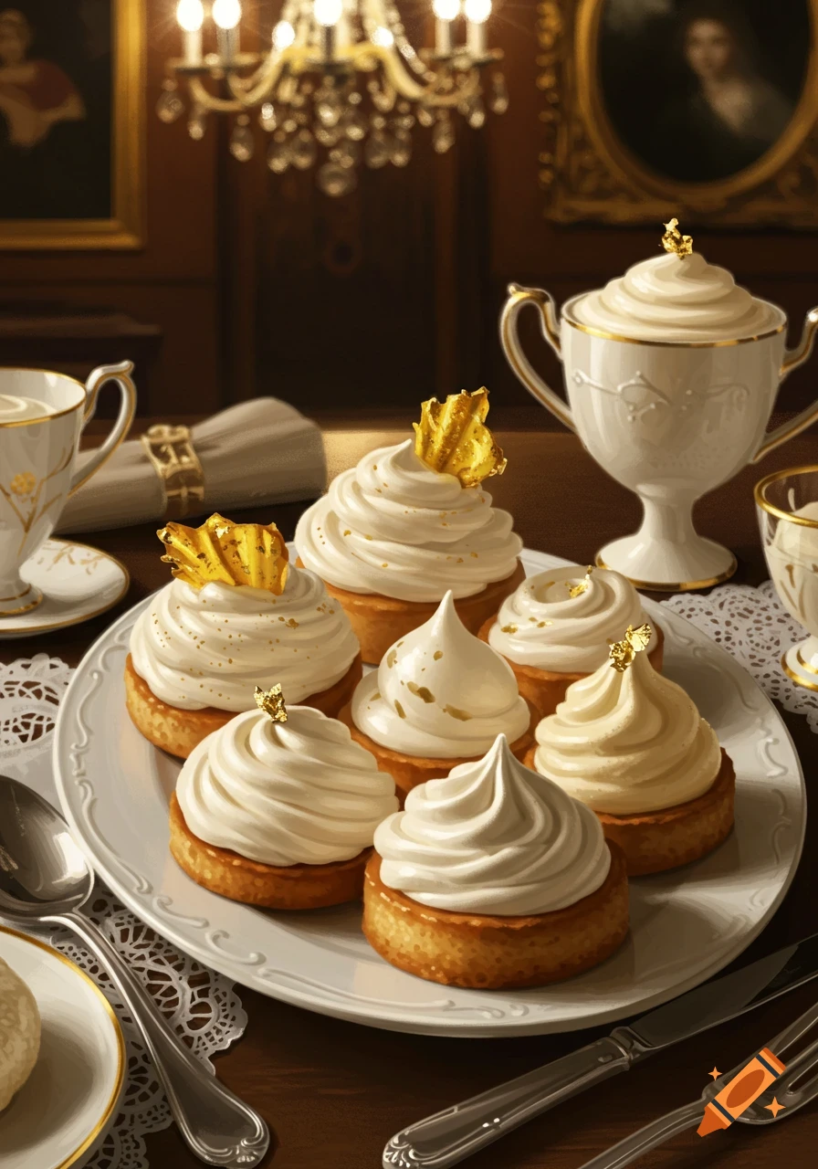 Elegant photorealistic still life of cream-topped desserts with gold leaf on a fancy table setting.