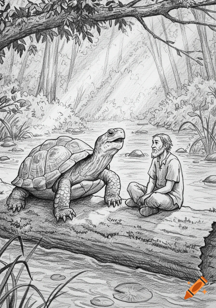 Pencil sketch of a man and a large turtle on a log in a forest, by a stream with lily pads, facing each other.