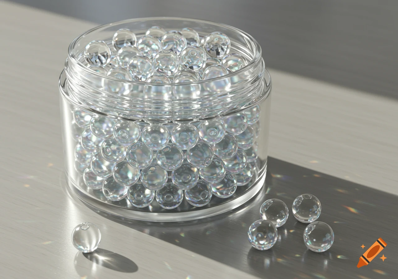 Clear, transparent beads fill a glass jar, with several spilled onto a light-colored surface in a photorealistic style.