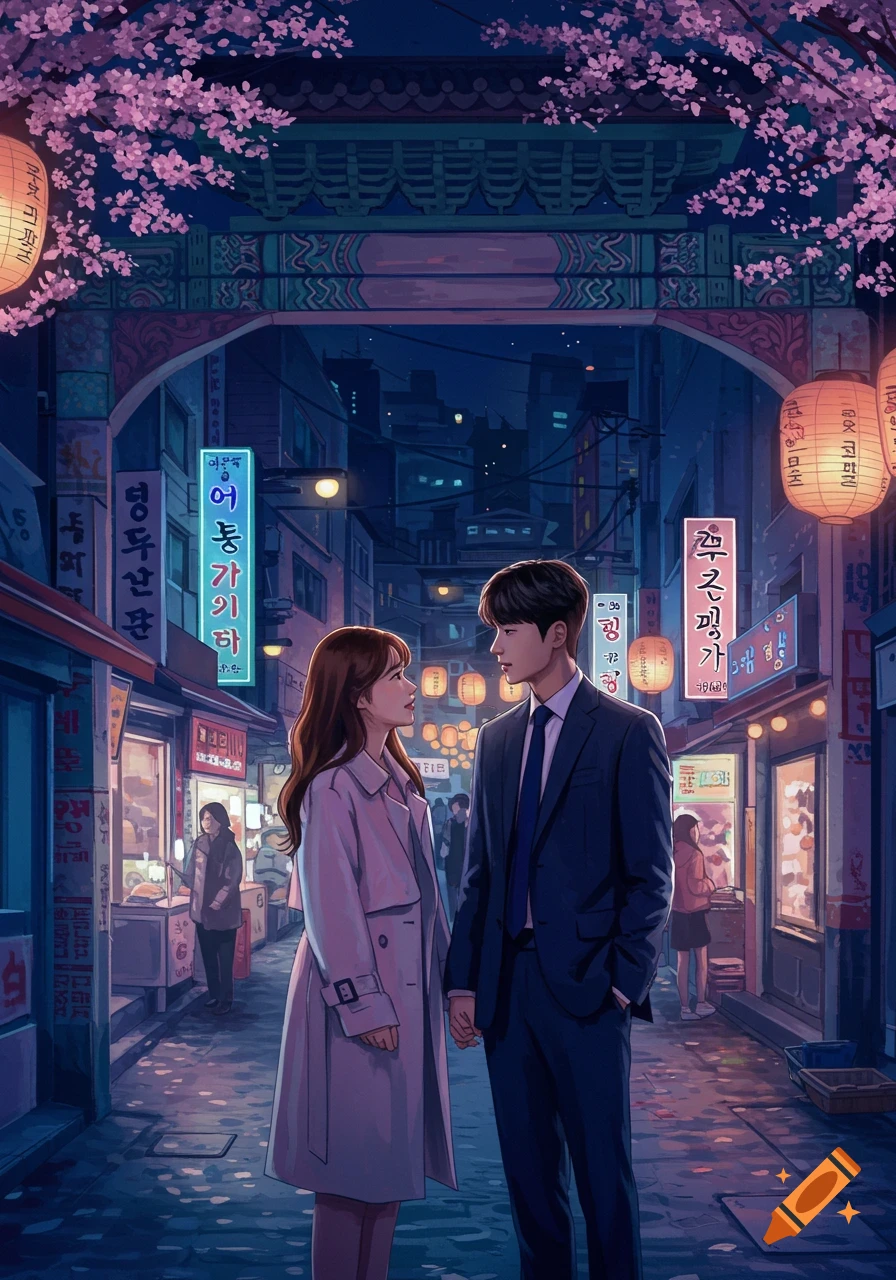 A romantic couple holds hands in a stylized Korean night market street under cherry blossoms, with illuminated signs and lanterns.