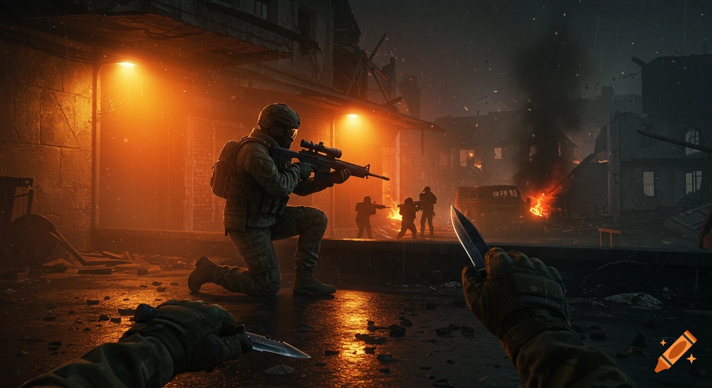 First-person view of a soldier with a knife, behind another soldier aiming a rifle in a fiery, ruined urban warzone at night.