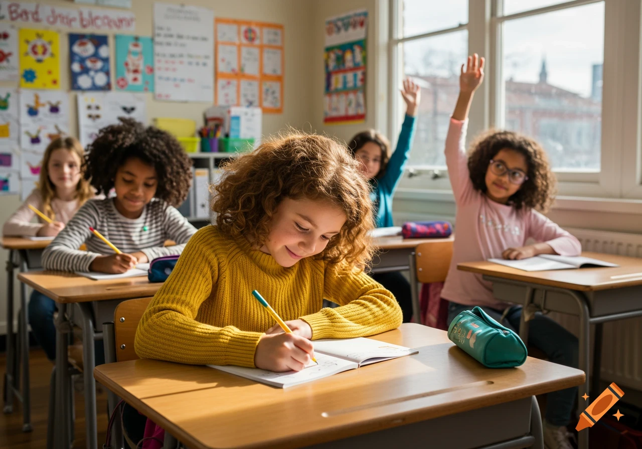 Girls in a classroom writing and raising hands, with posters on the wall and natural light from a window.