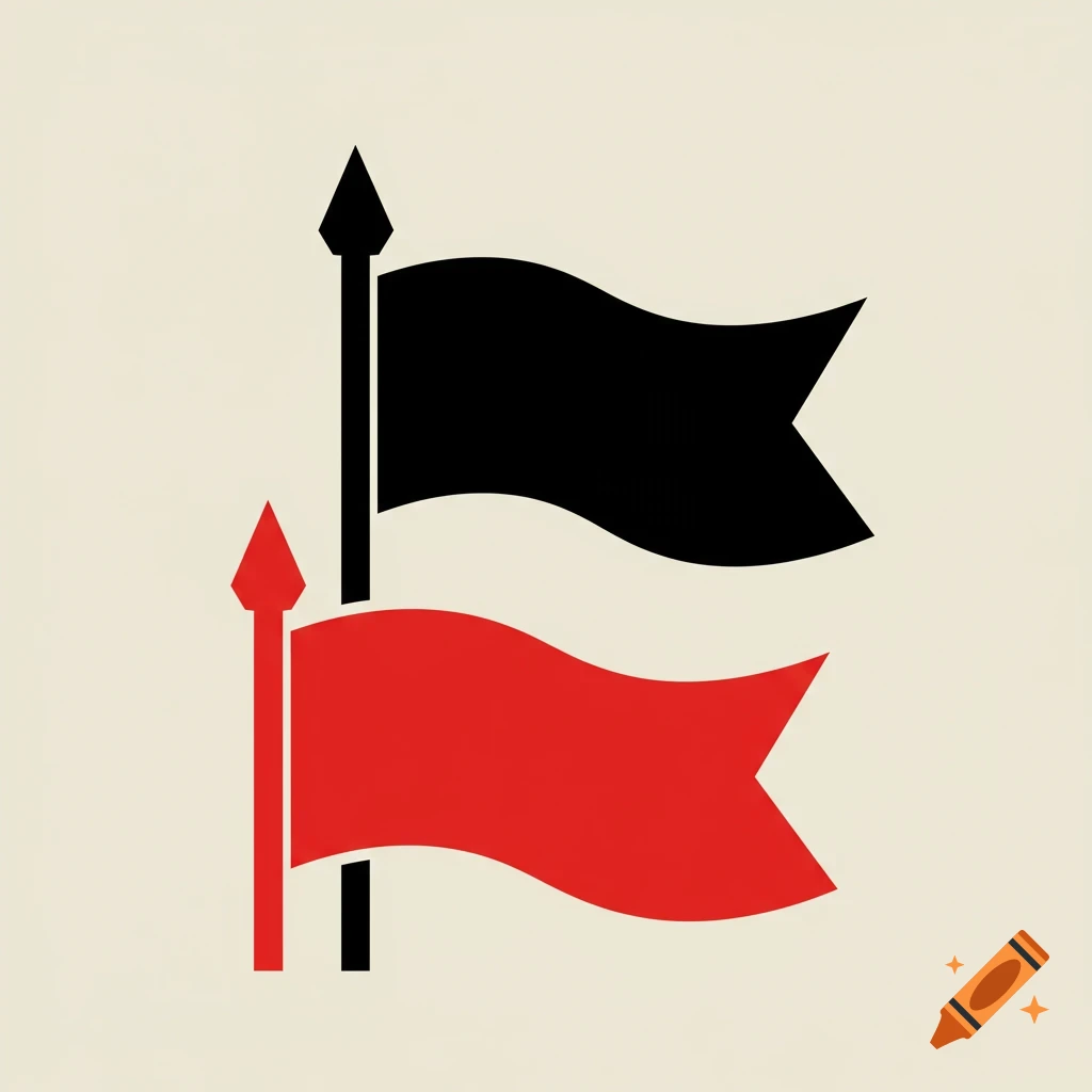 A minimalist illustration of a black wavy flag on a pole above a red wavy flag on a shorter pole against a light background.