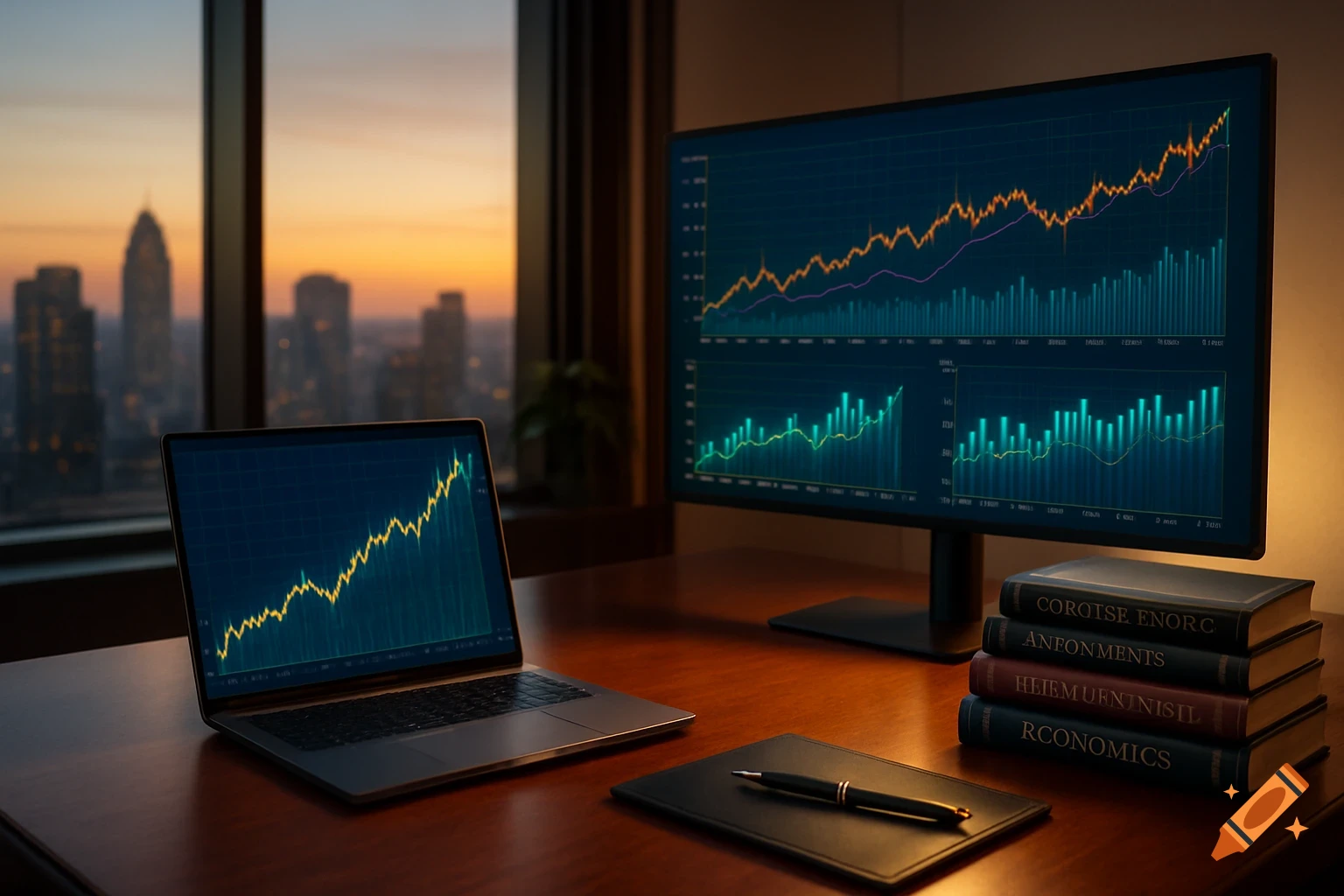 Photorealistic financial desk with laptop and monitor displaying stock market graphs, books, and a pen, against a city skyline at sunset.