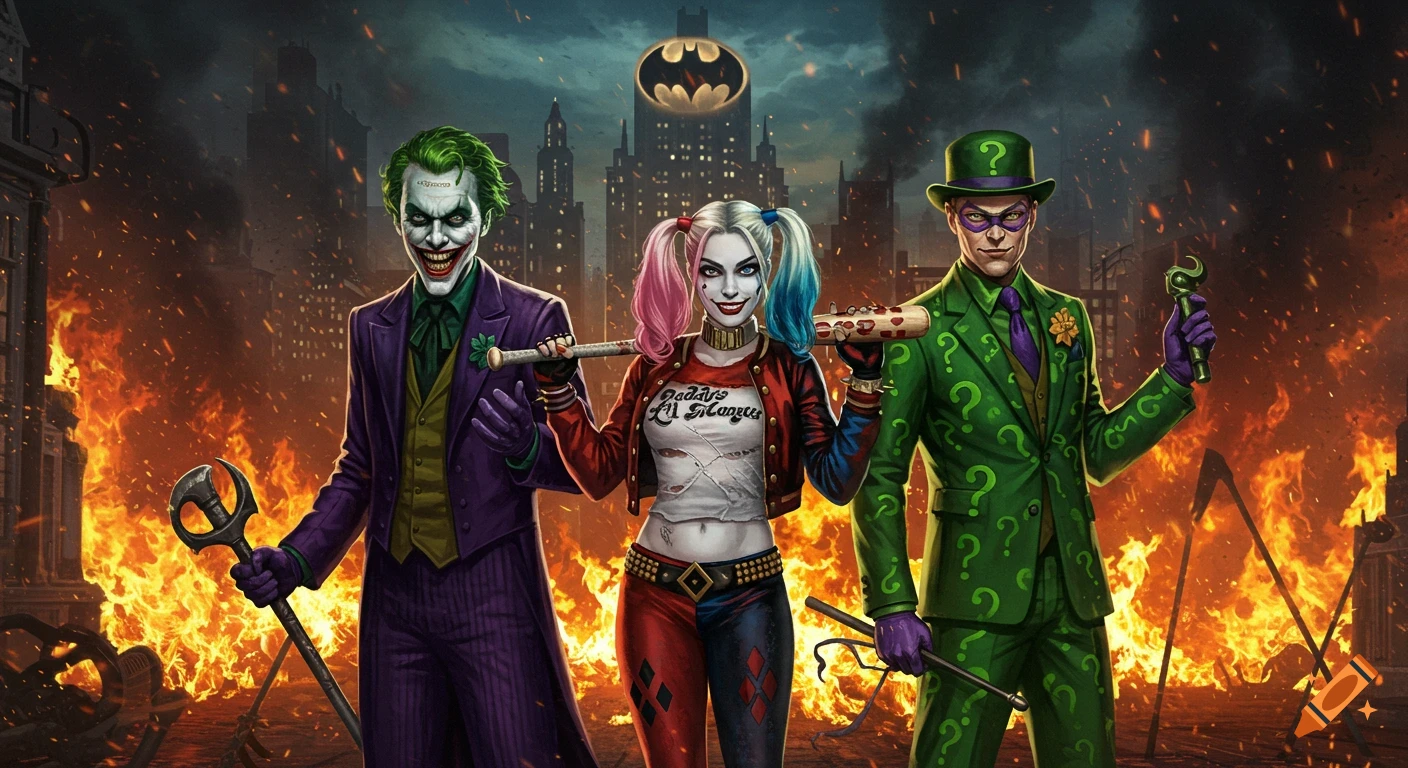 The Joker, Harley Quinn, and The Riddler in a stylized illustration of burning Gotham City under the Bat-Signal.