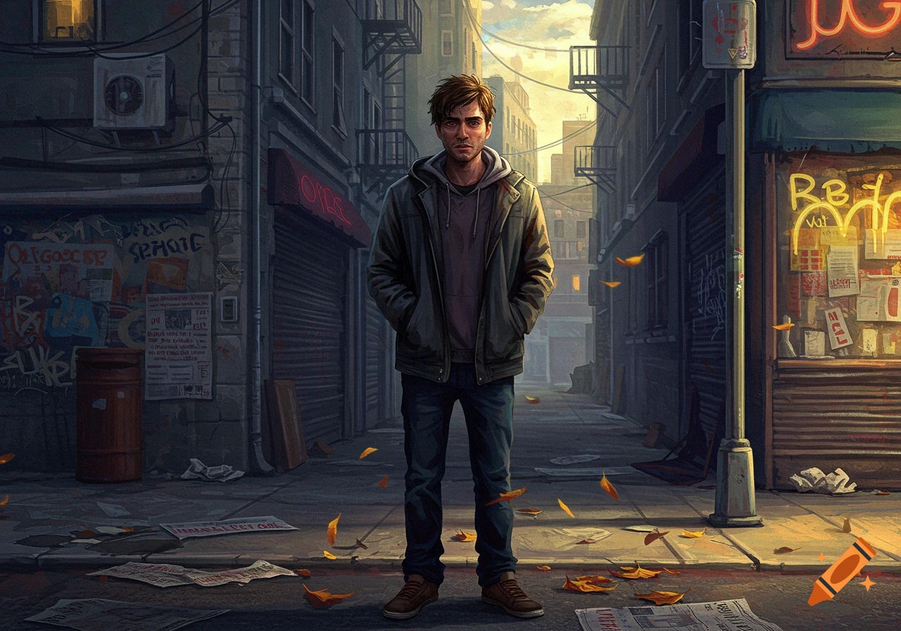 A young man with messy brown hair, wearing a hoodie and jacket, stands with hands in pockets in a gloomy, trash-strewn urban alleyway at sunset. Digital art.