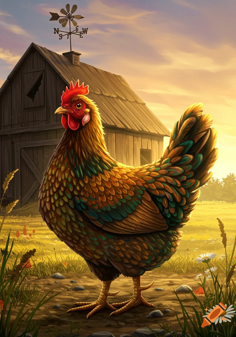 A detailed illustration of a colorful chicken standing in a sunlit farm field with a barn in the background.