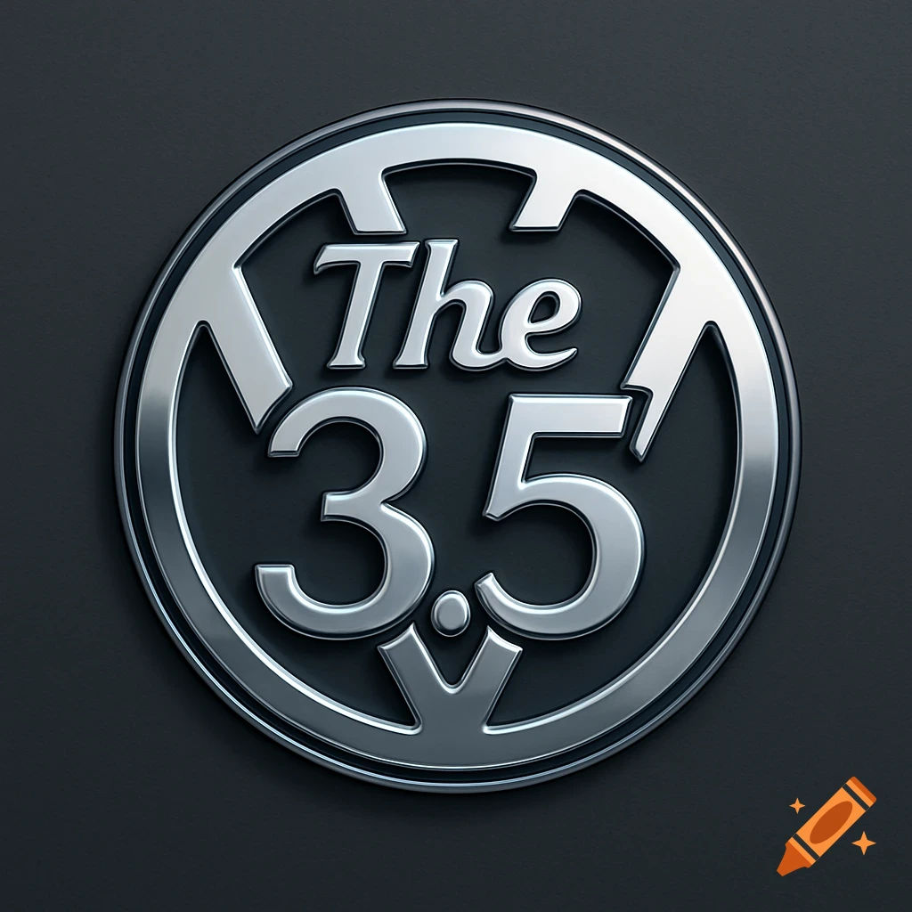 A shiny silver metallic circular logo with the text "The 3.5" in a stylized font, on a dark gray background, resembling an automotive emblem.