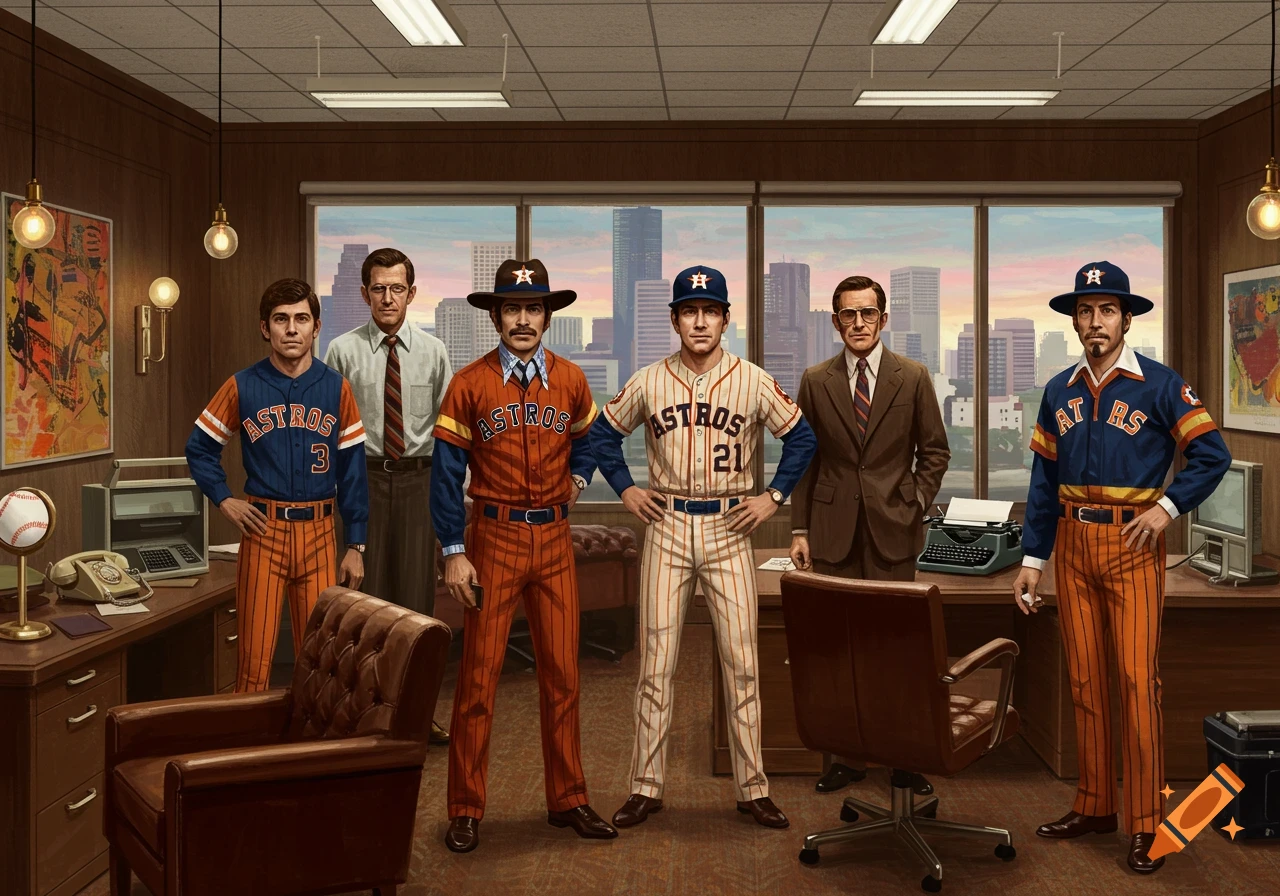 Six men, some in Houston Astros baseball uniforms and others in business suits, stand in a 1970s office with a city skyline visible through large windows.
