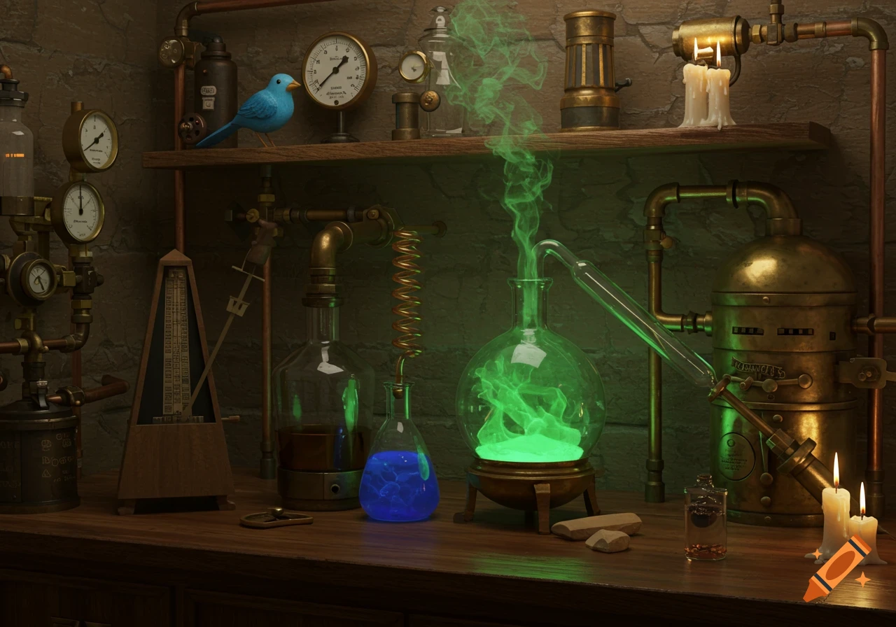 A dimly lit steampunk alchemy lab with glowing green and blue liquids in beakers, brass machinery, and a blue bird on a shelf.