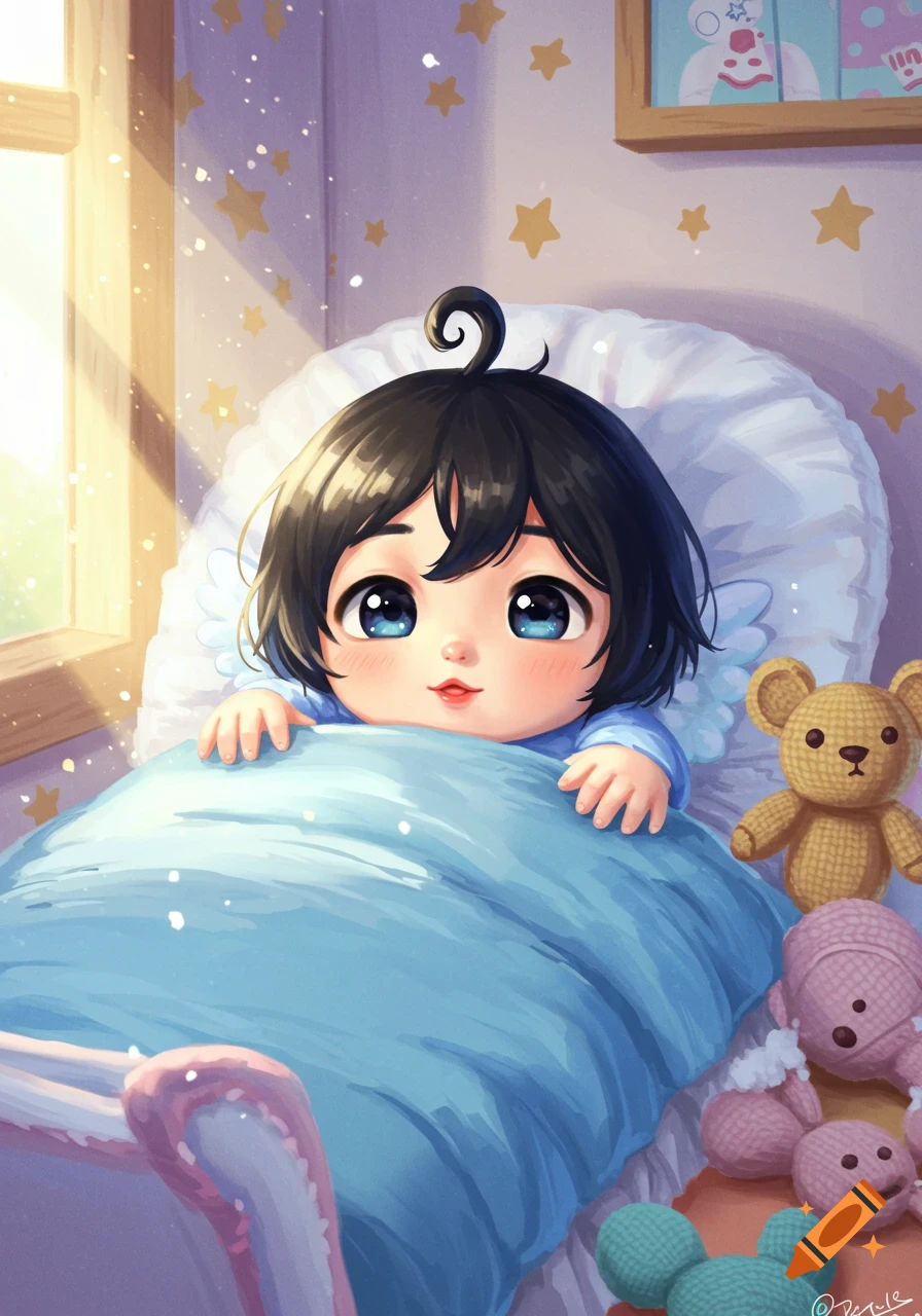 Cute anime baby with big blue eyes in a crib, surrounded by toys and sunlight from a window.
