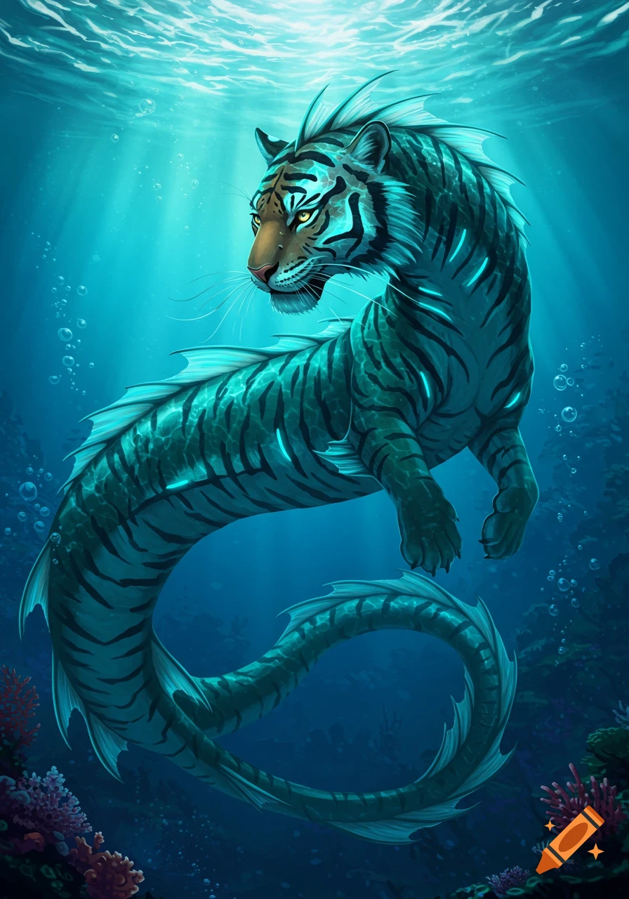 A majestic, tiger-like sea monster with glowing blue stripes and fins swims in clear blue underwater with sunlight rays.