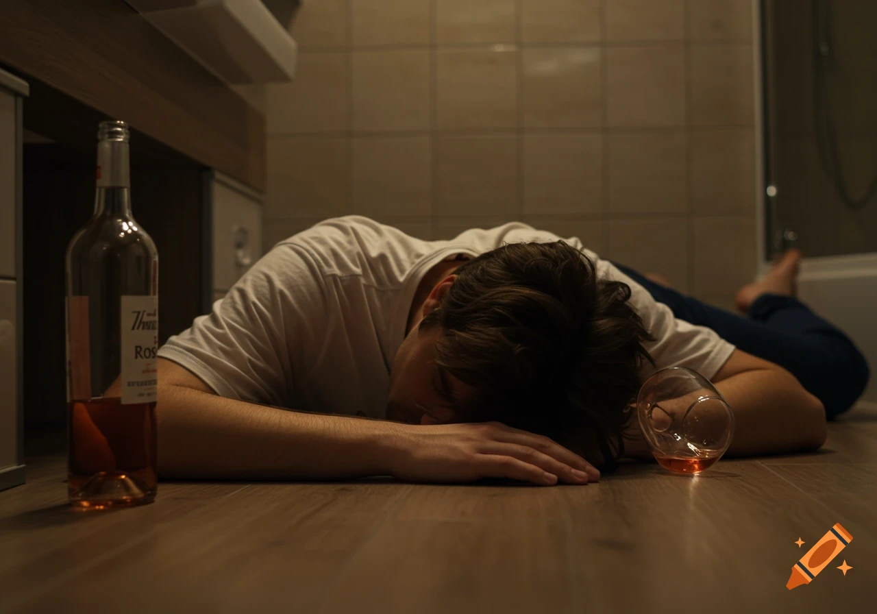 A photorealistic shot of a young man passed out on a bathroom floor next to a bottle of ros wine and an empty glass.