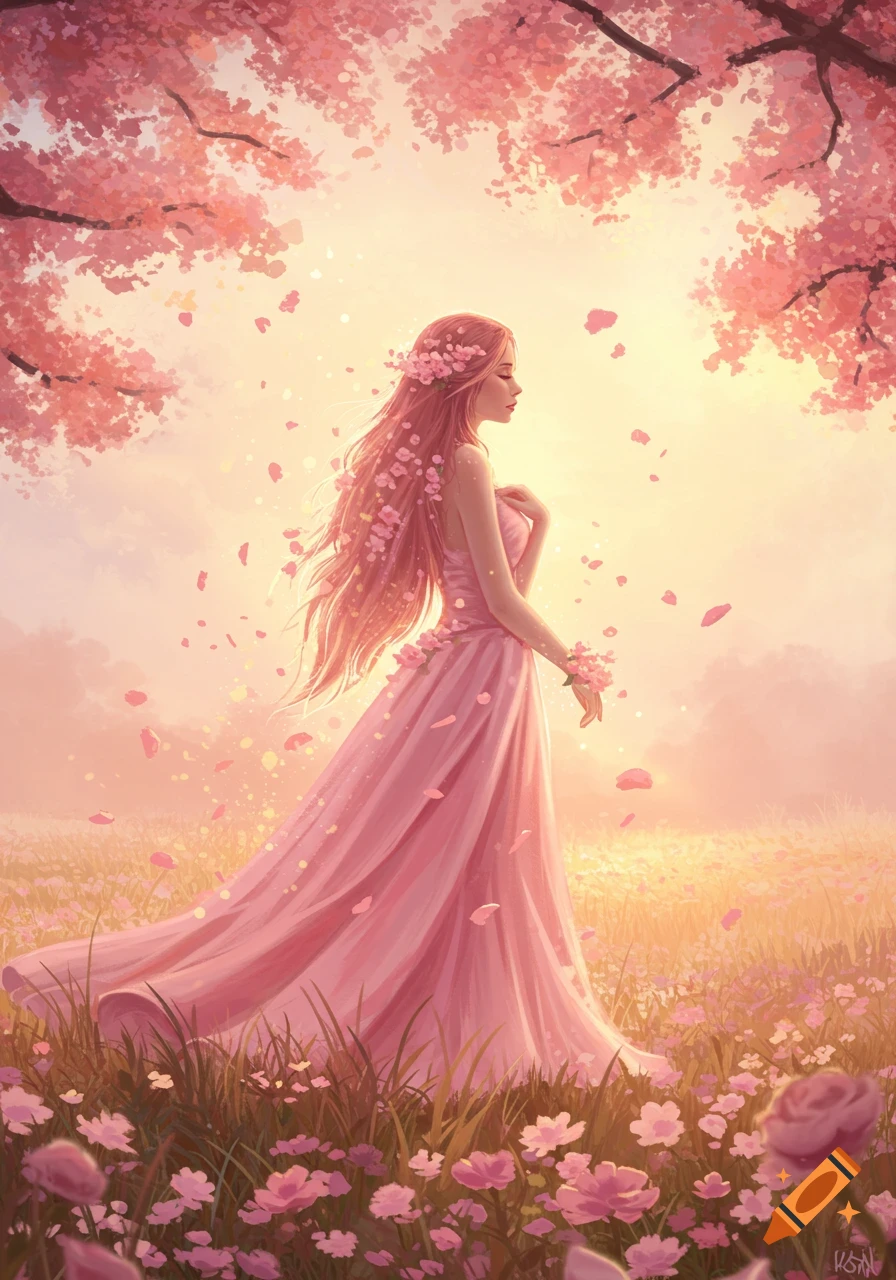 A woman with long pink hair and a flowing pink dress stands in a field of pink flowers under blooming cherry blossom trees in a beautiful illustration.