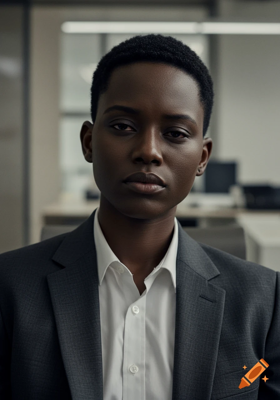 Close-up photorealistic portrait of a tired, androgynous person in a corporate suit in an office.