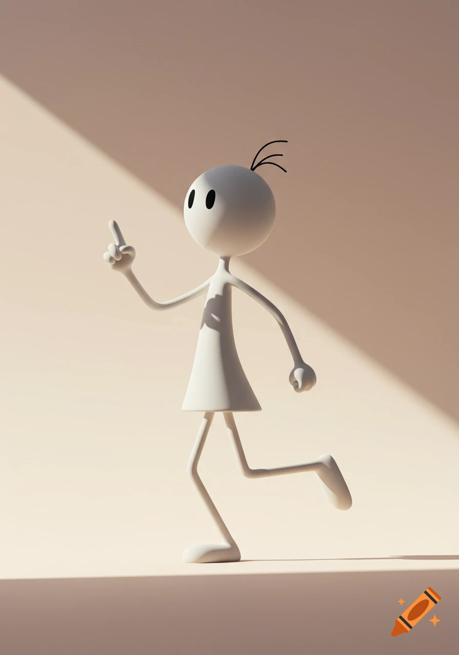 A white minimalist stick figure with a round head, black eyes, and three strands of hair, runs and points upwards on a beige background with a diagonal shadow.