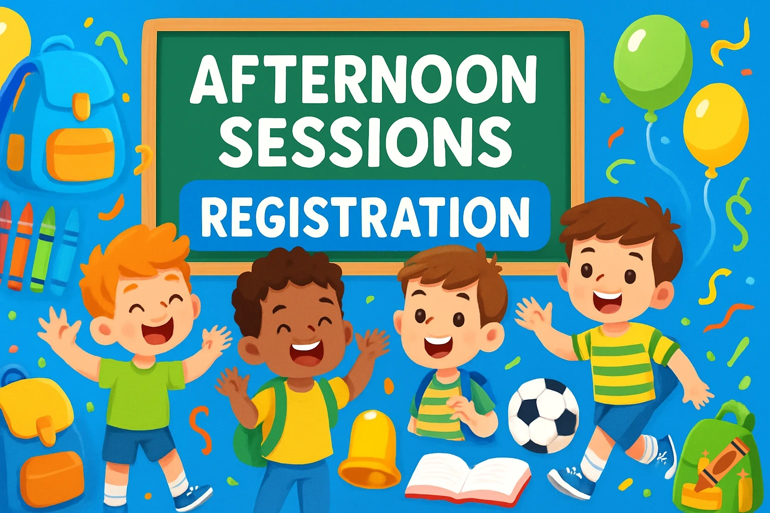 A vibrant cartoon shows four happy boys around a blackboard with 'AFTERNOON SESSIONS REGISTRATION' text, school supplies, balloons, and a soccer ball.