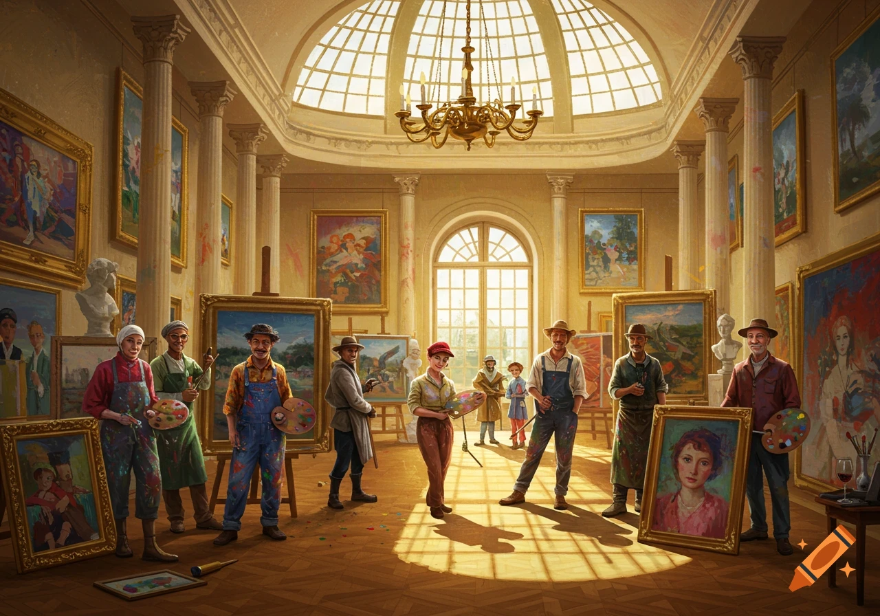 A group of diverse artists pose in a grand, brightly lit art gallery, surrounded by their paintings on easels and walls.