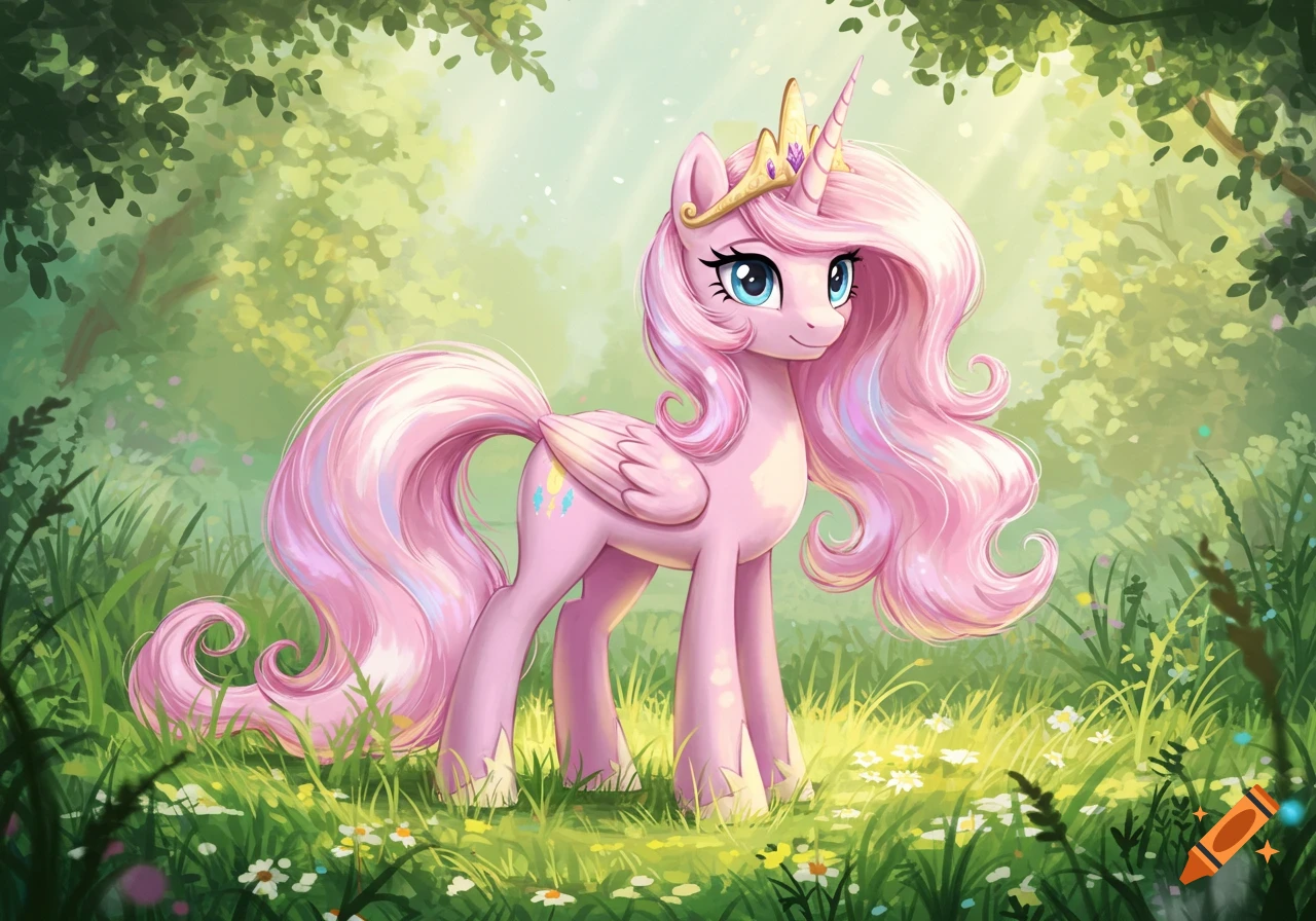 A pink Alicorn with a golden crown and long pink hair stands in a sunlit forest clearing with green grass and flowers.