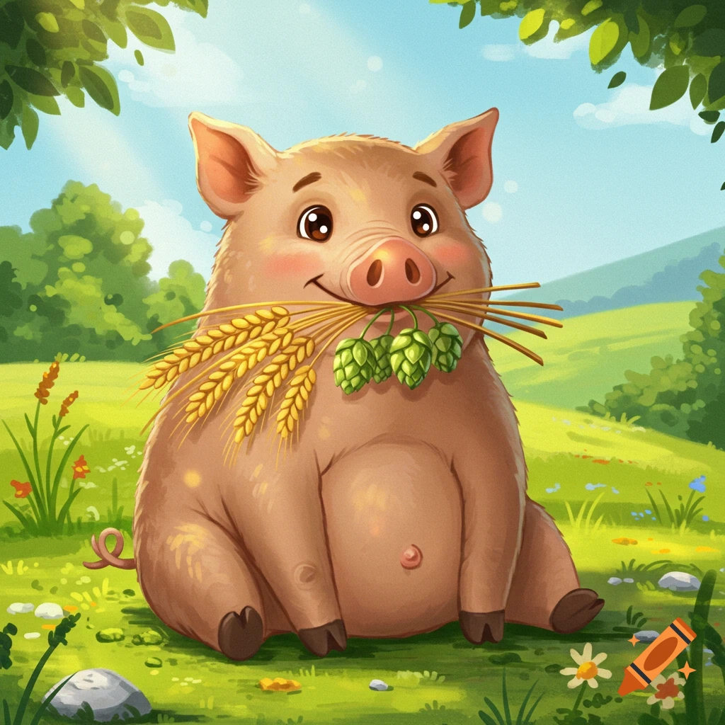 A cute, brown cartoon pot-bellied pig sits in a green field, holding golden barley and green hops in its mouth under a sunny sky.