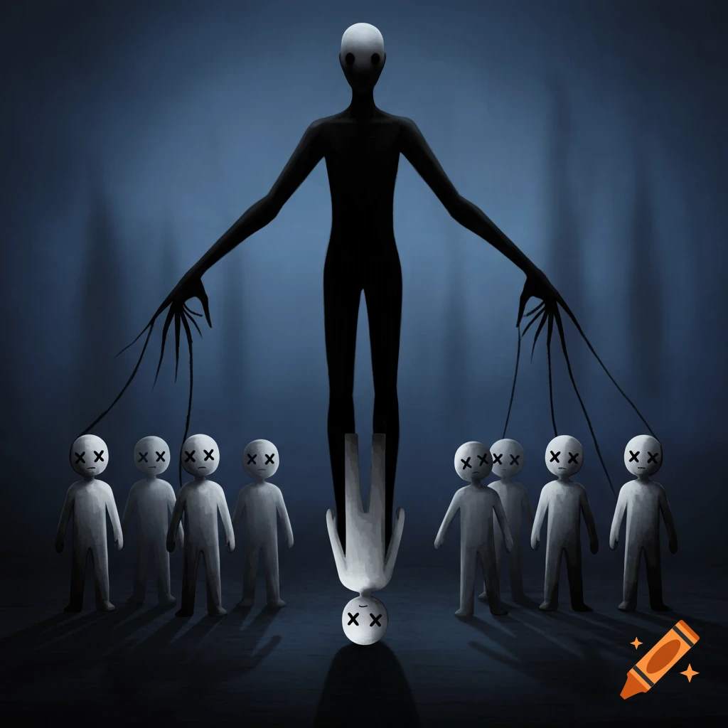 A tall, dark, faceless figure with spidery hands controls pale, small figures with X-eyes like puppets. One small figure is upside down as a reflection, in a dark, surreal style.