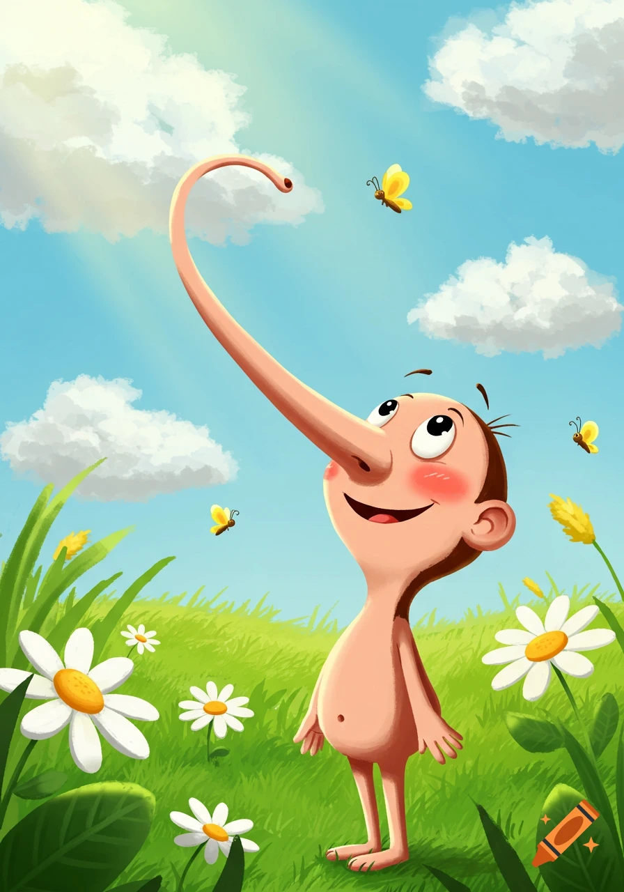 A smiling cartoon character with an extremely long nose reaches towards a butterfly in a sunny, grassy field with daisies and clouds.