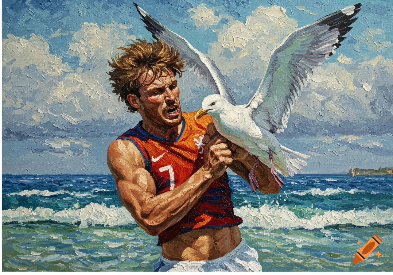 Painting of a man in an orange jersey wrestling a seagull at a beach, in the impasto style of Van Gogh.