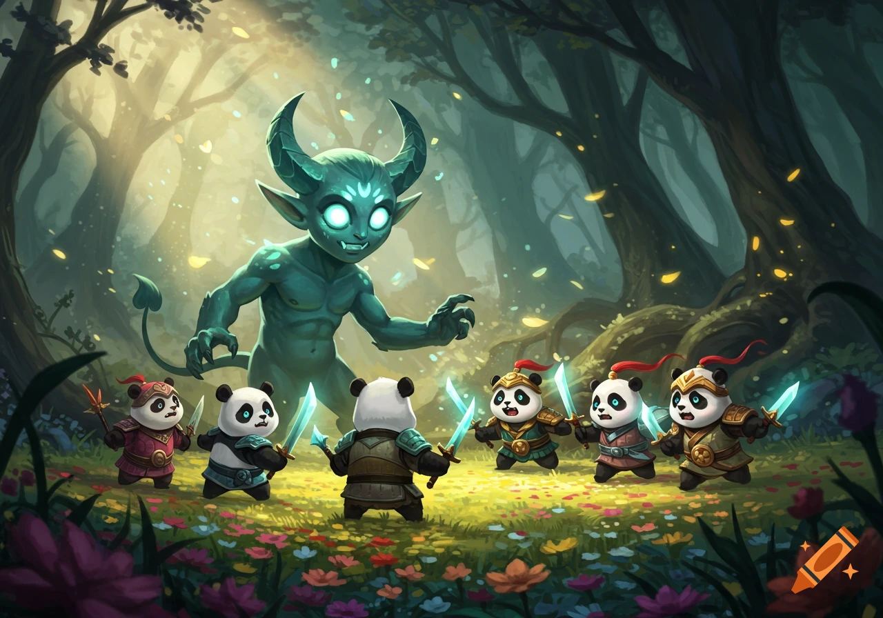 A large green horned demon confronts a group of cute panda warriors holding swords in a magical forest clearing.