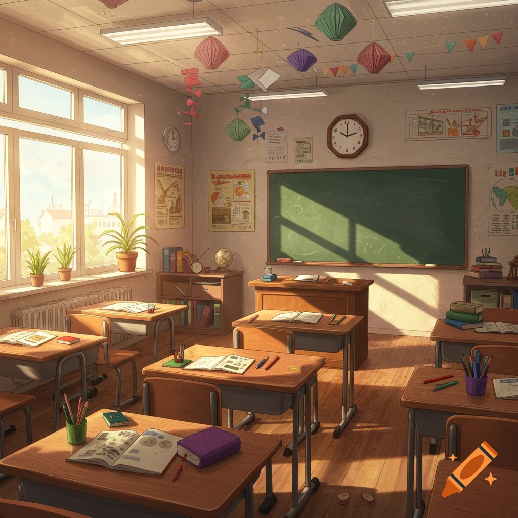 An empty classroom with desks, chairs, a blackboard, and posters, bathed in warm sunlight from a large window. Digital painting.