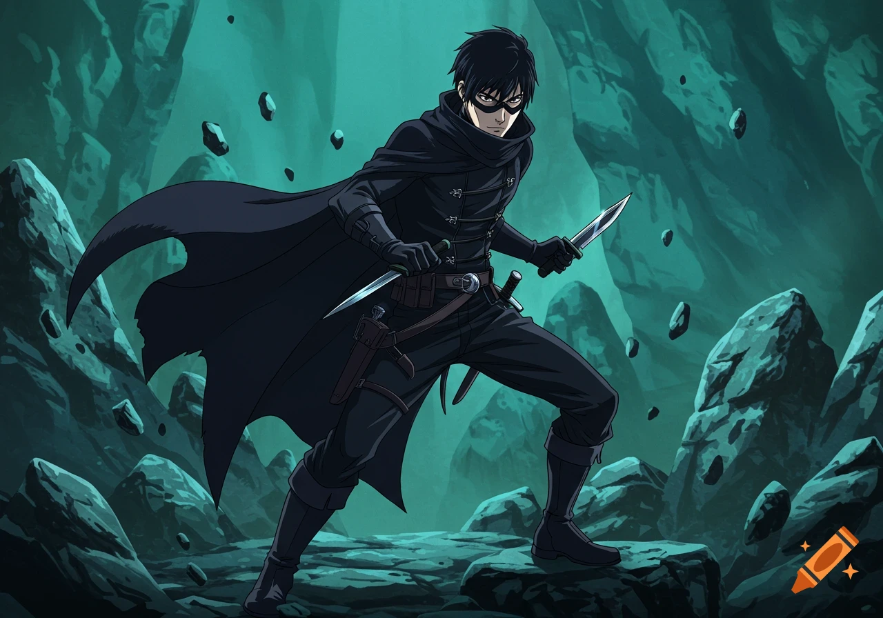 An anime character in dark clothing and a mask, holding two knives, stands in a green-lit rocky cave.