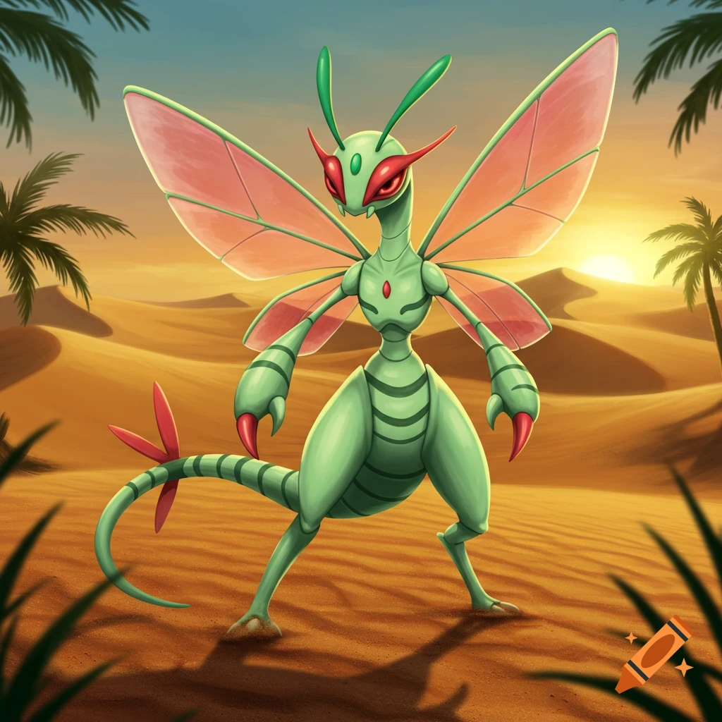 A green, insectoid, bipedal Pokémon-like creature with red-trimmed wings and claws stands in a desert at sunset.