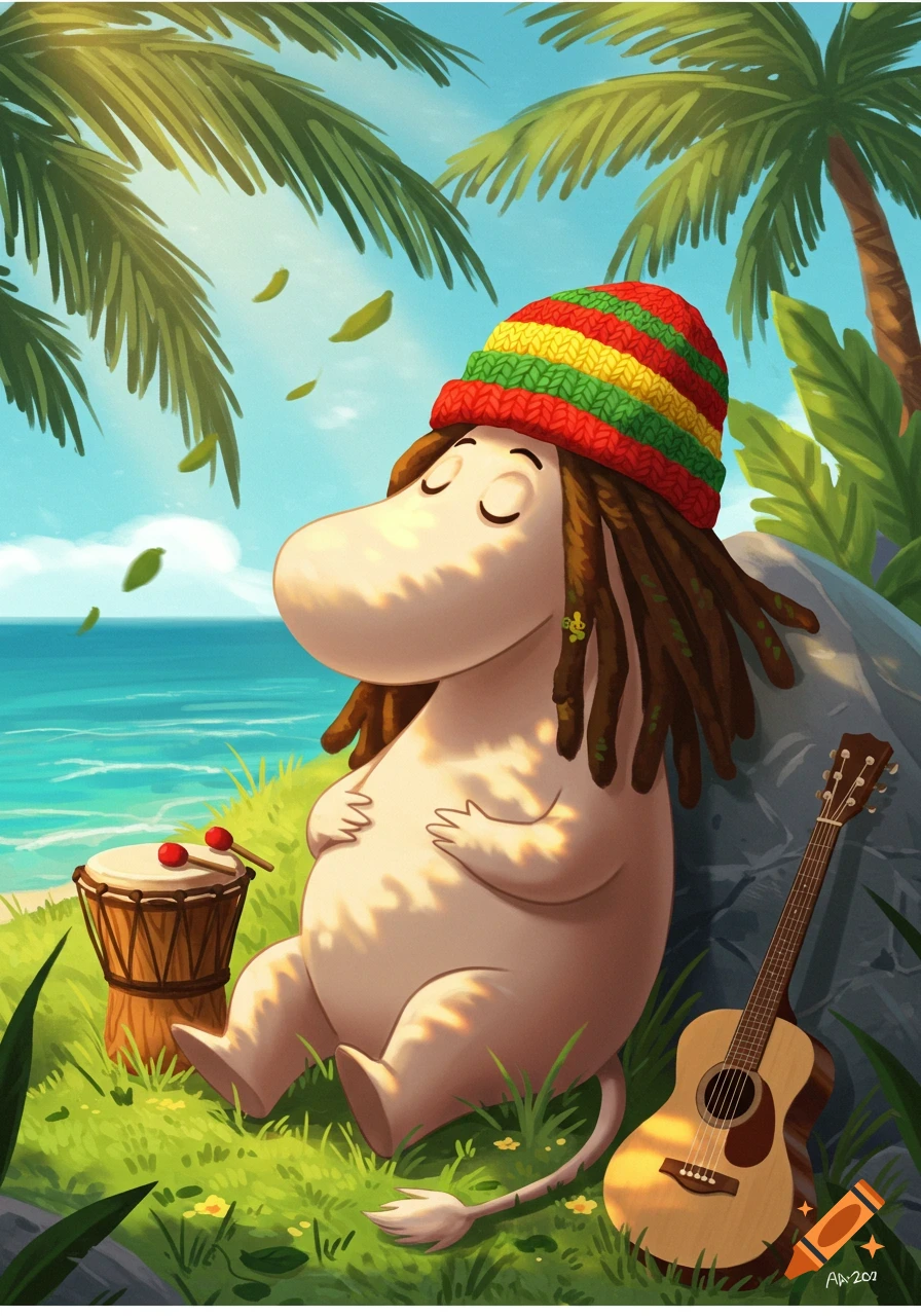 A cartoon Moomin character with a Rasta beanie and dreadlocks sits meditating on a tropical beach next to a djembe drum and acoustic guitar.