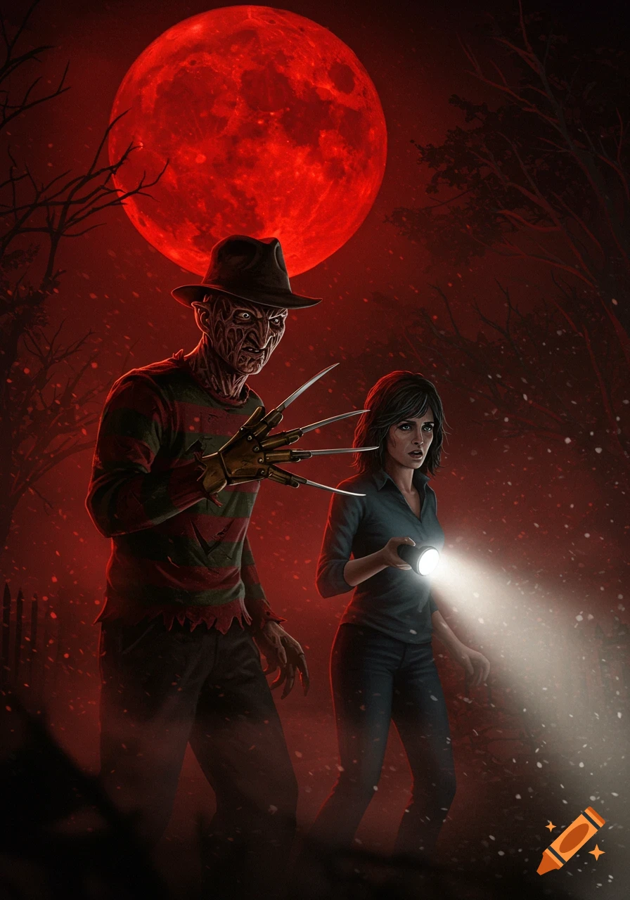 Freddy Krueger and Nancy in a dark forest under a giant red moon, illustrated in a horror style.