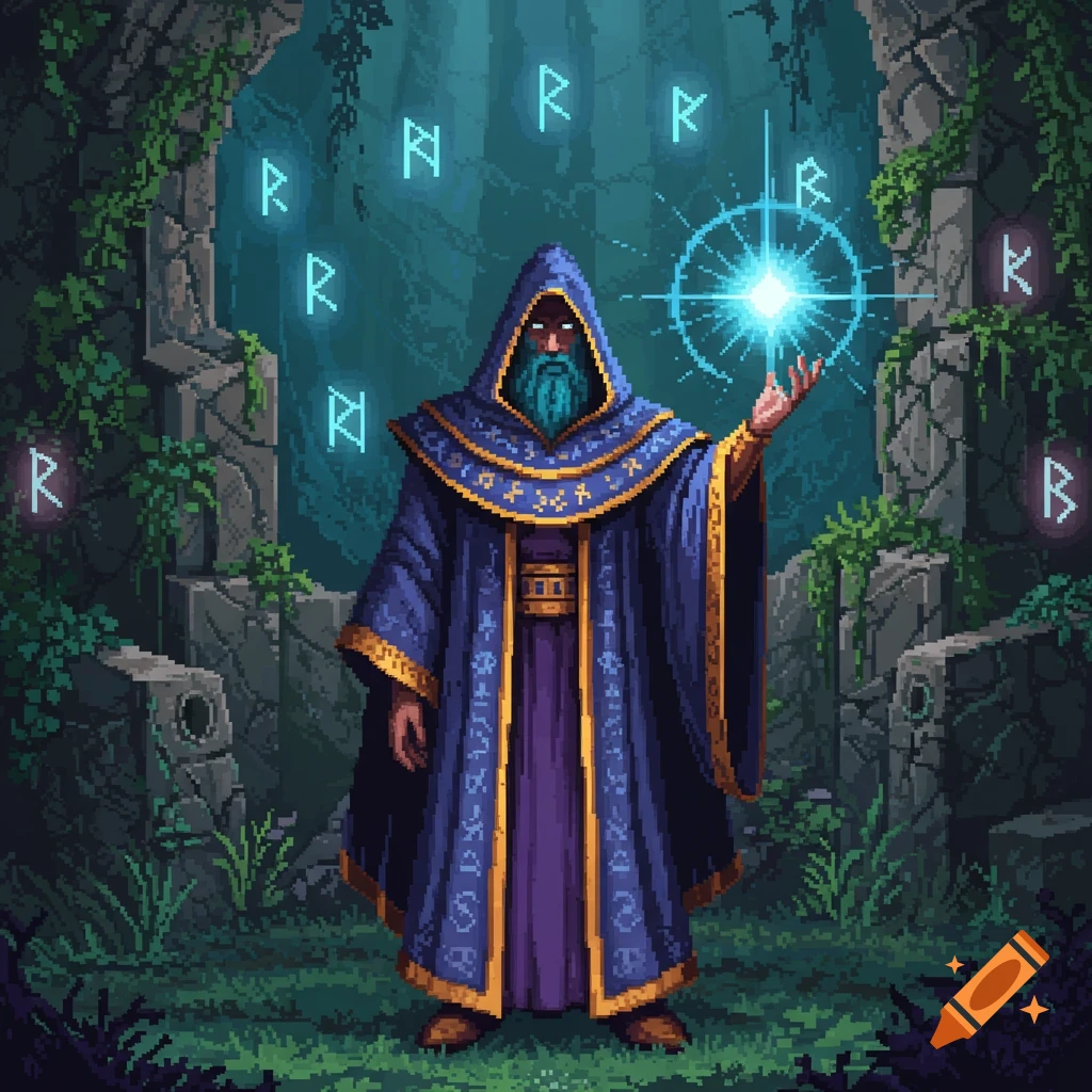 Pixel art of a bearded wizard in a blue robe, casting a glowing spell with runes floating around him in a mystical forest.
